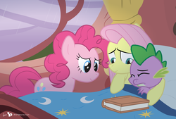 Size: 1200x812 | Tagged: safe, artist:dm29, fluttershy, pinkie pie, spike, g4, bed, comforting, crying, cute, female, fluttermom, julian yeo is trying to murder us, male, sad, spikelove, trio