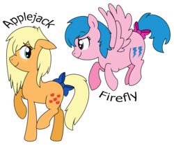Size: 2168x1816 | Tagged: dead source, safe, artist:ixamxnoxgood, applejack (g1), firefly, earth pony, pegasus, pony, g1, g4, duo, g1 to g4, generation leap, simple background, transparent background