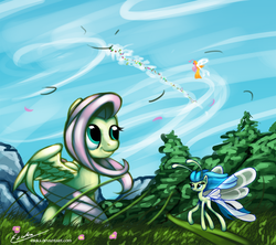 Size: 1480x1314 | Tagged: safe, artist:esuka, fluttershy, breezie, g4, it ain't easy being breezies, flying, grass, wind, windswept mane