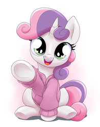 Size: 782x1000 | Tagged: safe, artist:stoic5, sweetie belle, pony, unicorn, g4, c:, clothes, cute, diabetes, diasweetes, female, filly, foal, hnnng, hoodie, looking at you, pointing, simple background, smiling, solo, underhoof, weapons-grade cute, white background