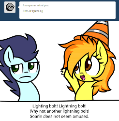 Size: 492x500 | Tagged: safe, artist:php92, soarin', spitfire, ask spitfire the wonderbolt, g4, animated, cute, frown, open mouth, smiling, soarin' is not amused, throwing, thunderbolt, traffic cone, tumblr, unamused