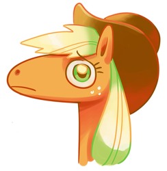 Size: 507x519 | Tagged: safe, artist:needsmoarg4, applejack, earth pony, pony, g4, bust, female, hat, mare, portrait, sad, simple background, solo, white background