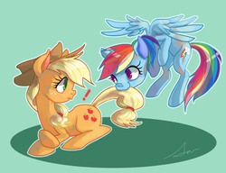 Size: 1181x908 | Tagged: safe, artist:sanbread, applejack, rainbow dash, g4, exclamation point, eye contact, female, flying, lesbian, ship:appledash, shipping, tail bite