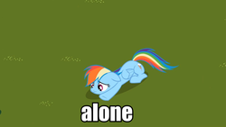 Size: 959x540 | Tagged: safe, edit, edited screencap, screencap, rainbow dash, g4, the mysterious mare do well, alone, female, floppy ears, frown, grass, image macro, lonely, meme, prone, sad, solo