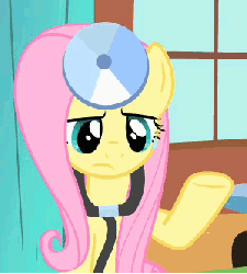 Size: 300x332 | Tagged: safe, screencap, angel bunny, fluttershy, pony, rabbit, a bird in the hoof, g4, season 1, animal, animated, doctor, doctor fluttershy, duct tape, gif, head mirror, loop, stethoscope, surgery, sweat