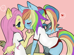 Size: 650x487 | Tagged: safe, artist:shickietan, fluttershy, rainbow dash, anthro, g4, ambiguous facial structure, clothes, exclamation point, female, gym uniform, lesbian, ship:flutterdash, shipping, sports panties, surprised
