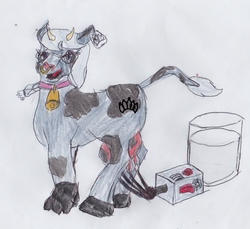 Size: 670x613 | Tagged: safe, artist:askrosedust, silver spoon, cow, cow pony, hybrid, brand, cowbell, cowified, ear tag, female, lactation, milk, milking, milking machine, nightmare fuel, nose ring, silver moo, solo, species swap, udder, wat, why