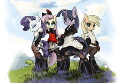 Size: 1776x1186 | Tagged: safe, artist:ophdesigner, applejack, fluttershy, rarity, twilight sparkle, g4, bravely default, crossover