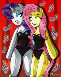 Size: 550x691 | Tagged: safe, artist:xjkenny, fluttershy, rarity, anthro, unguligrade anthro, g4, arm hooves, black leotard, duo, legs together, leotard, singing