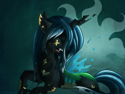 Size: 800x600 | Tagged: safe, artist:evehly, queen chrysalis, changeling, changeling queen, g4, crying, fanfic, fanfic art, fanfic cover, female, flowers for chrysalis, solo, transformation