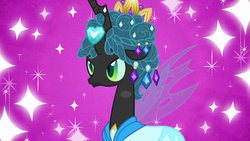 Size: 1280x720 | Tagged: source needed, safe, artist:dtkraus, edit, queen chrysalis, changeling, changeling queen, g4, games ponies play, alternate scenario, ceremonial headdress, clothes, dress, female, makeover, solo, wallpaper