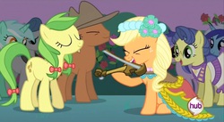 Size: 850x467 | Tagged: safe, edit, screencap, apple fritter, applejack, lyra heartstrings, masquerade, meadow song, minuette, orion, sea swirl, seafoam, shooting star (character), pony, a canterlot wedding, g4, apple family member, clothes, dress, eyes closed, fiddle, hoof hold, hub logo, mouth hold, musical instrument, sitting, smiling, violin