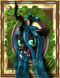 Size: 700x900 | Tagged: safe, artist:harwick, queen chrysalis, changeling, changeling queen, harwick's sun/moon portraits, g4, bedroom eyes, crown, fangs, female, jewelry, kitchen eyes, looking at you, open mouth, portrait, raised eyebrow, regalia, smiling, solo, tongue out