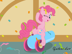 Size: 2133x1600 | Tagged: safe, artist:gutovi, pinkie pie, earth pony, pony, g4, balloon popping, butt, confetti, female, mare, one eye closed, party balloon, party cannon, plot, riding, sitting, solo, wink