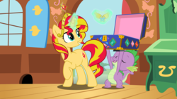 Size: 5760x3240 | Tagged: safe, artist:theshadowstone, spike, sunset shimmer, pony, unicorn, g4, alternate universe, big crown thingy, element of kindness, element of magic, female, male, mare