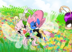 Size: 2300x1653 | Tagged: safe, artist:thegreatrouge, fluttershy, lake wind, seabreeze, breezie, anthro, g4, it ain't easy being breezies, adultery, angry, blushing, breeziefied, female, flower, flutterbreez, infidelity, male, observer, ship:flutterbreeze, shipping, species swap, straight, vegeta