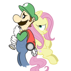 Size: 900x900 | Tagged: safe, artist:fillyblue, fluttershy, g4, fear, luigi, luigi's mansion, luigishy, male, super mario bros.