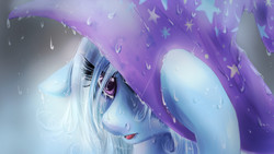 Size: 1920x1080 | Tagged: safe, artist:chocori, trixie, pony, unicorn, g4, constellations (song), crying, female, hat, mare, portrait, rain, sad, solo, song art, tears in rain, the sad and depressive trixie