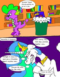 Size: 789x1013 | Tagged: safe, artist:dragonboi471, princess celestia, spike, g4, comic, friendship journal, messy mane, snaplestia, speech bubble, thought bubble, trash can