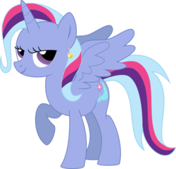 Size: 1094x1047 | Tagged: safe, artist:kaylathehedgehog, trixie, twilight sparkle, alicorn, pony, g4, counterparts, dragon ball, dragon ball z, ear piercing, earring, female, fusion, jewelry, lidded eyes, looking at you, mare, piercing, potara, raised hoof, ship:twixie, simple background, smiling, smirk, solo, spread wings, transparent background, twilight sparkle (alicorn), vector, wings