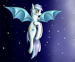 Size: 1950x1623 | Tagged: safe, artist:starshinefox, oc, oc only, oc:star struck, bat pony, pony, anatomically incorrect, fangs, female, flying, incorrect leg anatomy, night, solo