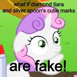 Size: 500x500 | Tagged: safe, diamond tiara, silver spoon, sweetie belle, g4, female, image macro, meme, solo, sudden clarity sweetie belle