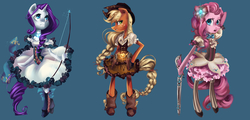 Size: 1280x615 | Tagged: safe, artist:my-magic-dream, applejack, pinkie pie, rarity, g4, boots, crossover, gun, hat, magical girl, pistol, puella magi madoka magica, rifle, soul gem