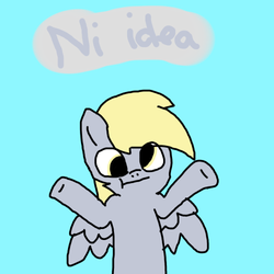 Size: 500x500 | Tagged: dead source, safe, artist:ask-derpyspanish, derpy hooves, pegasus, pony, tumblr:ask-derpyspanish, g4, blue background, female, mare, shrug, shrugpony, simple background, solo, spanish