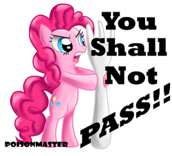 Size: 990x900 | Tagged: safe, artist:poisonicpen, pinkie pie, earth pony, pony, g4, angry, bipedal, chowder, crossover, female, fork, gandalf the grey, lord of the rings, parody, solo, yelling, you shall not pass