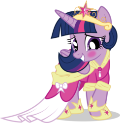 Size: 5993x6131 | Tagged: safe, artist:benybing, twilight sparkle, alicorn, pony, g4, absurd resolution, blushing, clothes, coronation dress, crown, dress, element of magic, female, jewelry, mare, regalia, simple background, solo, transparent background, twilight sparkle (alicorn), vector