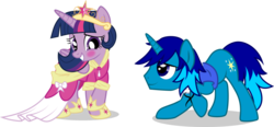 Size: 1024x474 | Tagged: safe, artist:benybing, twilight sparkle, oc, oc:light shine, alicorn, pony, unicorn, g4, blushing, bowing, clothes, commission, coronation dress, dress, female, jacket, male, mare, royalty, stallion, straight, twilight sparkle (alicorn)