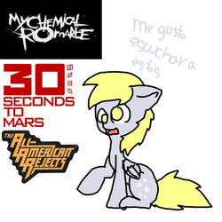 Size: 500x500 | Tagged: dead source, safe, artist:ask-derpyspanish, derpy hooves, pegasus, pony, tumblr:ask-derpyspanish, g4, 30 seconds to mars, all american rejects, emo, female, floppy ears, mare, me gusta, my chemical romance, open mouth, raised hoof, sitting, solo, spanish