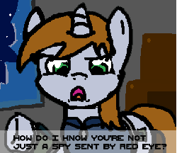 Size: 750x650 | Tagged: safe, artist:tiarawhy, oc, oc only, oc:littlepip, pony, unicorn, banned from equestria daily, fallout equestria, animated, clothes, cutie mark, fanfic, fanfic art, female, gif, hooves, horn, jumpsuit, looking at you, mare, pipbuck, solo, talking, text, vault suit