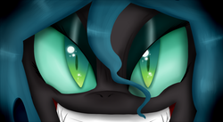 Size: 1400x768 | Tagged: safe, artist:amberony, queen chrysalis, changeling, changeling queen, g4, close-up, female, grin, kitchen eyes, looking at you, solo, teeth