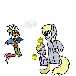 Size: 500x500 | Tagged: dead source, safe, artist:ask-derpyspanish, derpy hooves, dinky hooves, discord, pegasus, pony, unicorn, tumblr:ask-derpyspanish, g4, eris, rule 63