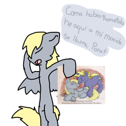 Size: 500x500 | Tagged: dead source, safe, artist:ask-derpyspanish, derpy hooves, pony, tumblr:ask-derpyspanish, g4, bipedal, dialogue, eyes closed, floppy ears, open mouth, simple background, spanish, spread wings, translated in the comments, white background