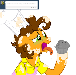 Size: 1280x1269 | Tagged: safe, artist:fillyblue, cheese sandwich, ask cheese sandwich, g4, apron, ask, baked bads, chef's hat, clothes, green face, hat, male, messy, nausea, solo, tumblr