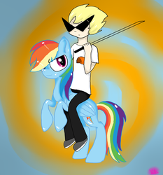 Size: 1400x1500 | Tagged: safe, artist:srta-paula, rainbow dash, human, pegasus, pony, g4, 2013, dirk strider, duo, duo male and female, female, homestuck, katana, male, mare, rearing, riding, riding a pony, sunglasses, sword, weapon