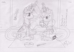 Size: 3446x2426 | Tagged: safe, artist:parclytaxel, princess celestia, princess luna, g4, eating, fork, high res, lineart, magic, messy eating, monochrome, pie, sitting, traditional art