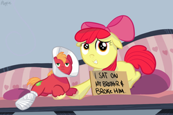 Size: 1000x665 | Tagged: safe, artist:moppiethedawg, apple bloom, big macintosh, earth pony, pony, g4, cast, elizabethan collar, injured, male, parody, pony shaming, shaming, shrunk, sign, stallion