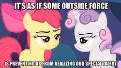 Size: 934x526 | Tagged: safe, edit, edited screencap, screencap, apple bloom, sweetie belle, earth pony, pony, unicorn, g4, annoyed, duo, duo female, female, filly, fourth wall, image macro, meme, meta, realization