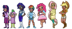 Size: 2131x863 | Tagged: safe, artist:theraspberryfox, applejack, fluttershy, pinkie pie, rainbow dash, rarity, spike, twilight sparkle, human, g4, clothes, dark skin, diversity, donut steel, humanized, mane seven, mane six, skirt