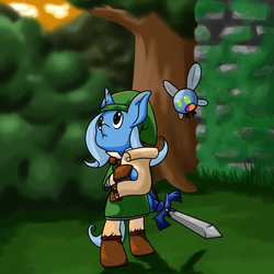 Size: 1734x1734 | Tagged: safe, artist:thepiplup, trixie, parasprite, pony, unicorn, g4, bipedal, crossover, dexterous hooves, duo, female, human pose, link, mare, navi, paraspritized, solo, species swap, sword, the legend of zelda