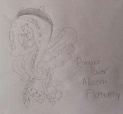 Size: 1813x1673 | Tagged: artist needed, safe, artist:pinoy-singer, fluttershy, alicorn, pony, g4, female, fluttercorn, monochrome, race swap, rainbow power, solo, traditional art