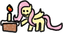 Size: 1011x527 | Tagged: safe, artist:thelastgherkin, fluttershy, g4, cake, candle, crayon, cute, female, smiling, solo