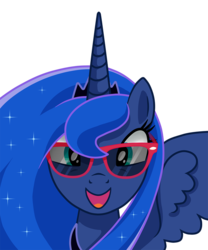 Size: 800x960 | Tagged: safe, artist:demomoon, princess luna, g4, face, female, glasses, happy, looking at you, portrait, simple background, solo, sunglasses