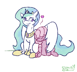 Size: 750x700 | Tagged: safe, artist:skoon, cheerilee, princess celestia, celestilee, g4, blushing, cute, eyes closed, female, heart, hug, lesbian, ship:cheerilestia, shipping, sitting, smiling, winghug