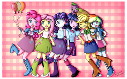 Size: 1440x900 | Tagged: safe, artist:pansira, applejack, fluttershy, pinkie pie, rainbow dash, rarity, spike, twilight sparkle, dog, equestria girls, g4, balloon, boots, bracelet, clothes, cowboy boots, high heel boots, jewelry, mane seven, mane six, skirt, socks, spike the dog