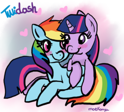 Size: 1212x1096 | Tagged: safe, artist:moekonya, rainbow dash, twilight sparkle, g4, duo, female, lesbian, ship:twidash, shipping