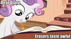 Size: 955x526 | Tagged: safe, screencap, sweetie belle, g4, twilight time, diary, eraser, female, image macro, meme, solo